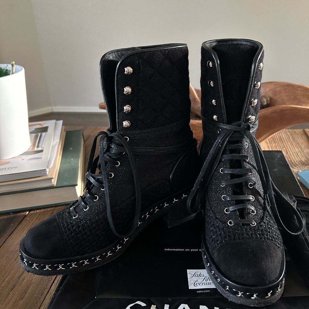 Chanel lace up moto boots
